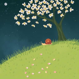 A small snail climbing slowly up a grassy hillside on a summer night, nestled under a blooming osmanthus tree