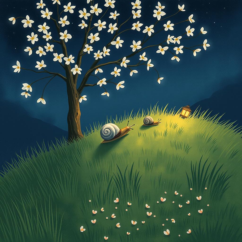 A small snail climbing slowly up a grassy hillside on a summer night, nestled under a blooming osmanthus tree