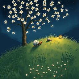 A small snail climbing slowly up a grassy hillside on a summer night, nestled under a blooming osmanthus tree