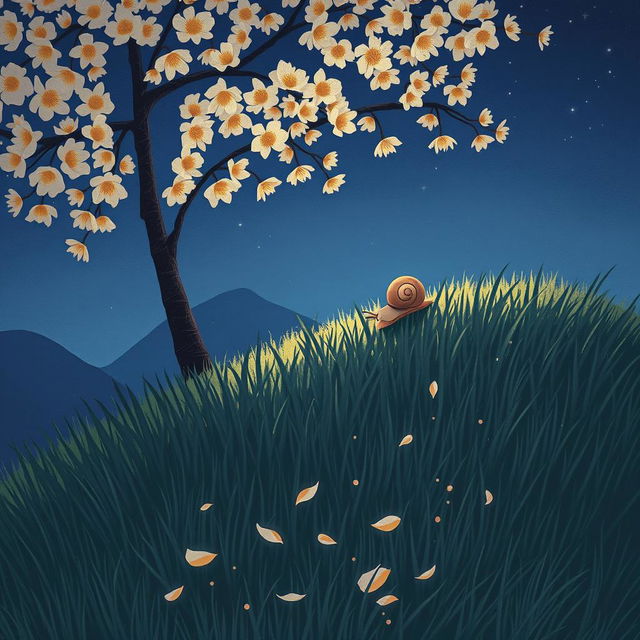 A small snail climbing slowly up a grassy hillside on a summer night, nestled under a blooming osmanthus tree