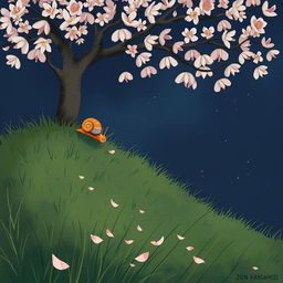 A small snail climbing slowly up a grassy hillside on a summer night, nestled under a blooming osmanthus tree