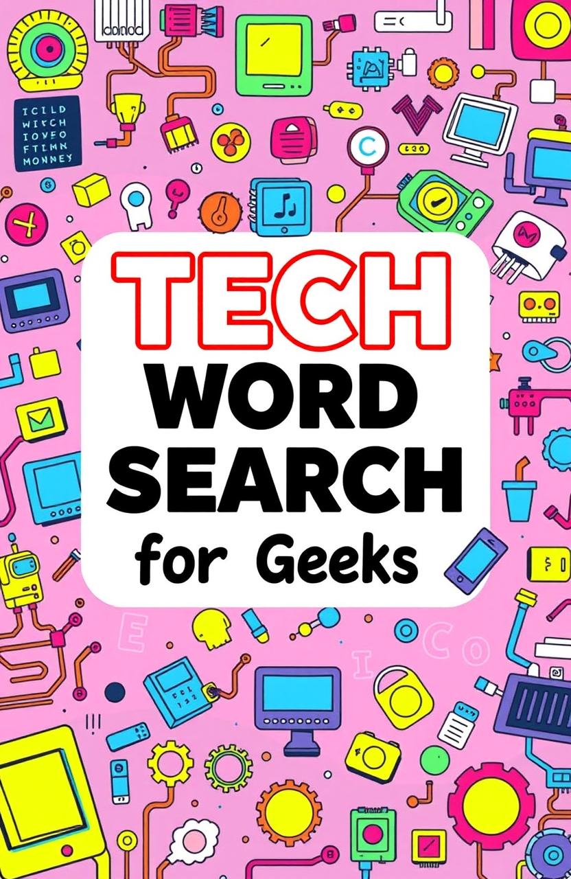 A vibrant and engaging cover for a word search book themed around technology for geeks