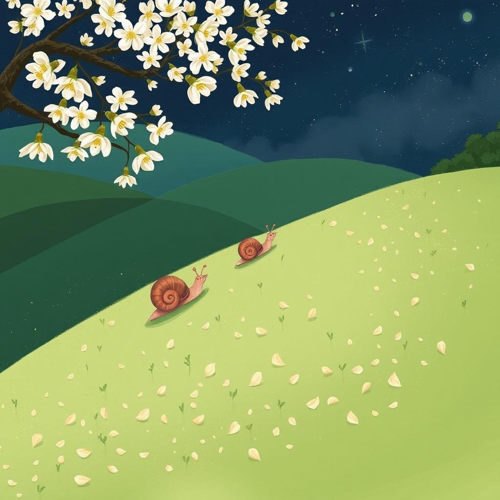 A small snail slowly climbing up a hillside on a summer night, resting beneath a blooming osmanthus tree