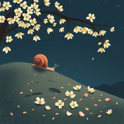 A small snail slowly climbing up a hillside on a summer night, resting beneath a blooming osmanthus tree