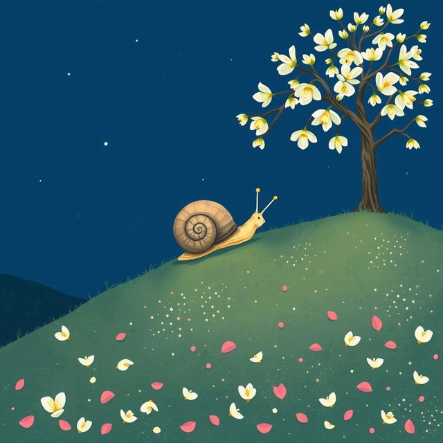 A small snail slowly climbing up a hillside on a summer night, resting beneath a blooming osmanthus tree