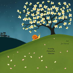 A small snail slowly climbing up a hillside on a summer night, resting beneath a blooming osmanthus tree
