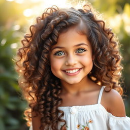 A portrait of a girl with beautiful, voluminous curly hair cascading down her shoulders