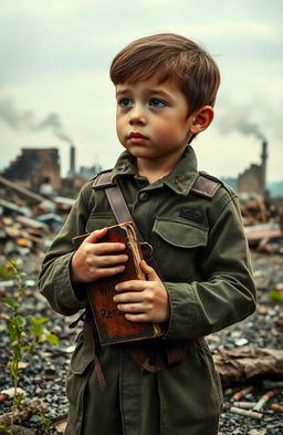 A poignant scene depicting a young boy soldier during World War II, showcasing his resilience and survival instincts