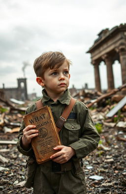 A poignant scene depicting a young boy soldier during World War II, showcasing his resilience and survival instincts