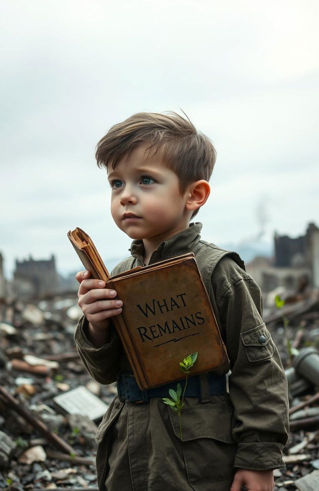 A poignant scene depicting a young boy soldier during World War II, showcasing his resilience and survival instincts
