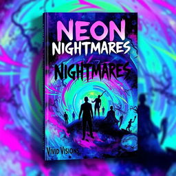 A book cover design for "Neon Nightmares" by Vivid Visions, featuring abstract and colorful imagery that evokes a sense of psychological horror