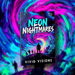 A book cover design for "Neon Nightmares" by Vivid Visions, featuring abstract and colorful imagery that evokes a sense of psychological horror