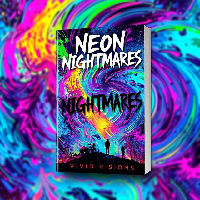A book cover design for "Neon Nightmares" by Vivid Visions, featuring abstract and colorful imagery that evokes a sense of psychological horror