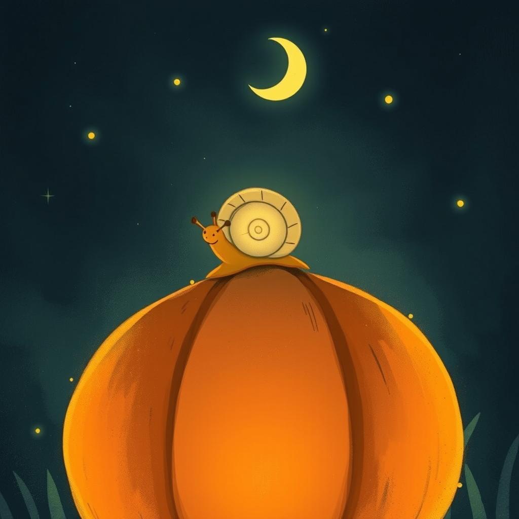 A small snail climbing on a glowing jack-o'-lantern during the night