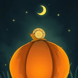 A small snail climbing on a glowing jack-o'-lantern during the night