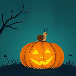 A small snail climbing on a glowing jack-o'-lantern during the night