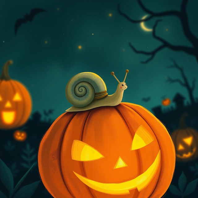 A small snail climbing on a glowing jack-o'-lantern during the night