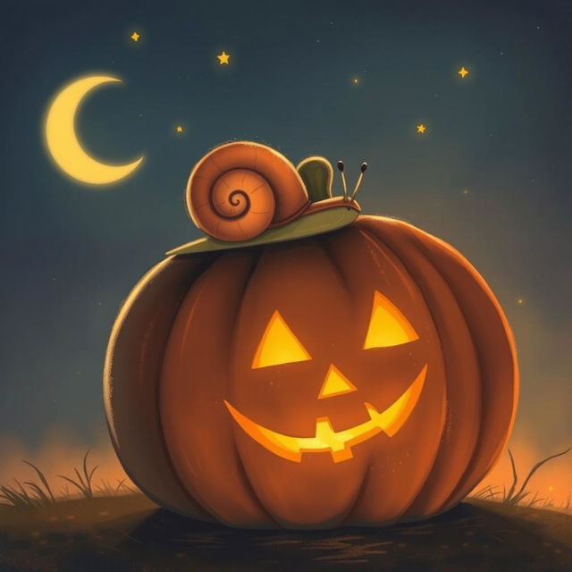 A small snail crawling on a glowing jack-o'-lantern at night