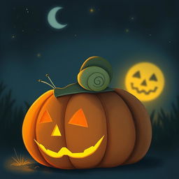 A small snail crawling on a glowing jack-o'-lantern at night