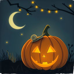 A small snail crawling on a glowing jack-o'-lantern at night
