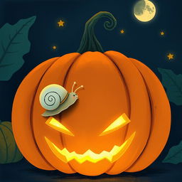 A small snail crawling on a glowing jack-o'-lantern at night