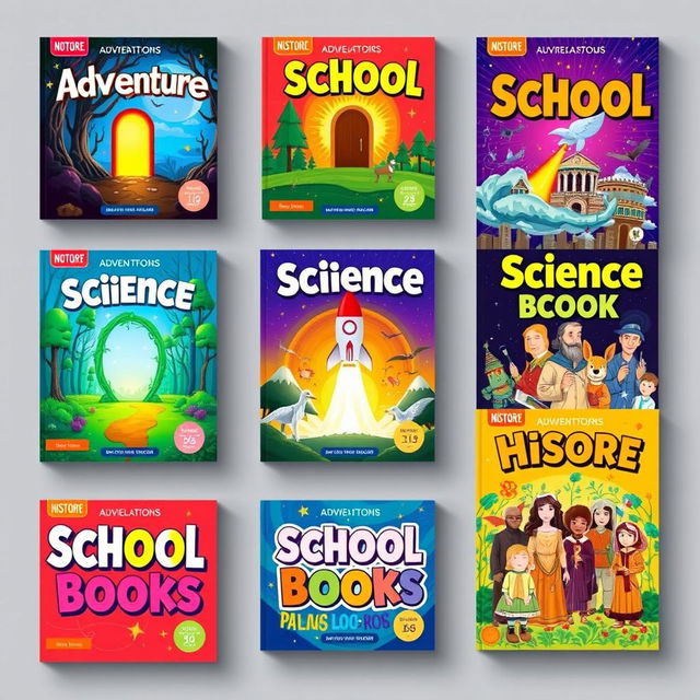 A collection of vibrant and imaginative school book covers, each showcasing different themes such as adventure, fantasy, science, and history