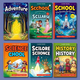 A collection of vibrant and imaginative school book covers, each showcasing different themes such as adventure, fantasy, science, and history