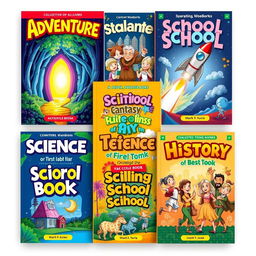 A collection of vibrant and imaginative school book covers, each showcasing different themes such as adventure, fantasy, science, and history