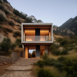 A two-block house design with stairs connecting from ground floor to the attic, nestled in hilly terrain