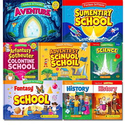 A collection of vibrant and imaginative school book covers, each showcasing different themes such as adventure, fantasy, science, and history