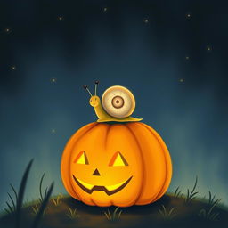 A small snail perched on a glowing jack-o'-lantern at night