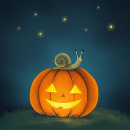 A small snail perched on a glowing jack-o'-lantern at night