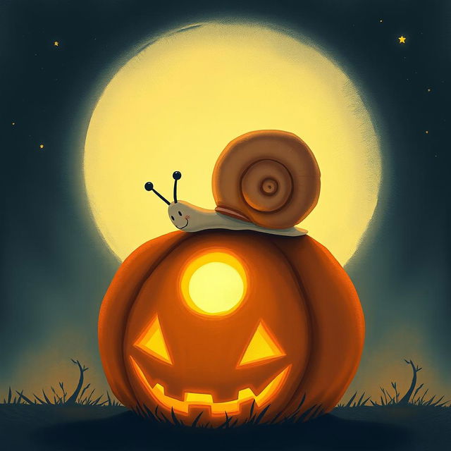 A small snail perched on a glowing jack-o'-lantern at night