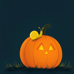 A yellow-shelled small snail crawling on a glowing jack-o'-lantern during the night