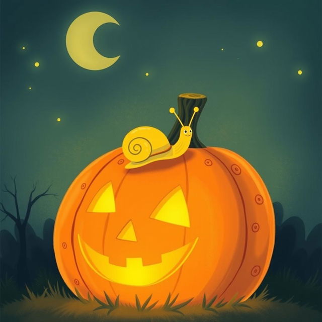 A yellow-shelled small snail crawling on a glowing jack-o'-lantern during the night