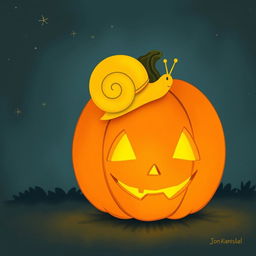 A yellow-shelled small snail crawling on a glowing jack-o'-lantern during the night