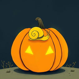 A yellow-shelled small snail crawling on a glowing jack-o'-lantern during the night