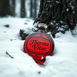 A round, vibrant red potion bottle with an elegantly designed label reading 'Therma Vitae', lying in a serene snowy forest setting