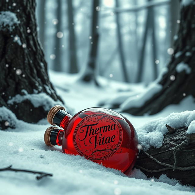 A round, vibrant red potion bottle with an elegantly designed label reading 'Therma Vitae', lying in a serene snowy forest setting