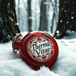 A round, vibrant red potion bottle with an elegantly designed label reading 'Therma Vitae', lying in a serene snowy forest setting