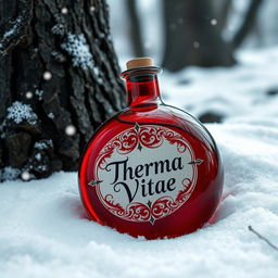 A round, vibrant red potion bottle with an elegantly designed label reading 'Therma Vitae', lying in a serene snowy forest setting