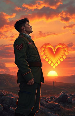 A touching scene depicting a soldier in a beautifully detailed military uniform, expressing deep emotions of love as he gazes at a beautiful sunset