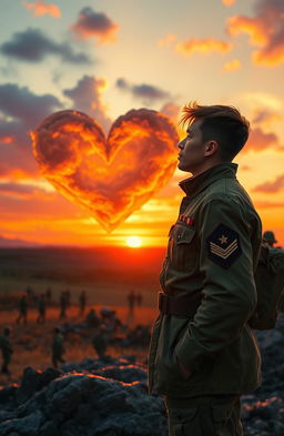 A touching scene depicting a soldier in a beautifully detailed military uniform, expressing deep emotions of love as he gazes at a beautiful sunset