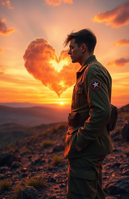 A touching scene depicting a soldier in a beautifully detailed military uniform, expressing deep emotions of love as he gazes at a beautiful sunset