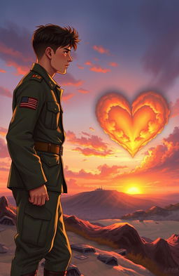 A touching scene depicting a soldier in a beautifully detailed military uniform, expressing deep emotions of love as he gazes at a beautiful sunset
