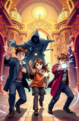 A dynamic cover page illustration featuring four students: Harry Potter, Hermione Granger, Ron Weasley, and Parvati Patil, in a magical duel against a dark villain