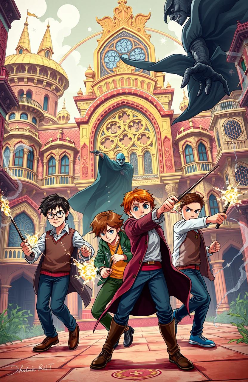 A dynamic cover page illustration featuring four students: Harry Potter, Hermione Granger, Ron Weasley, and Parvati Patil, in a magical duel against a dark villain
