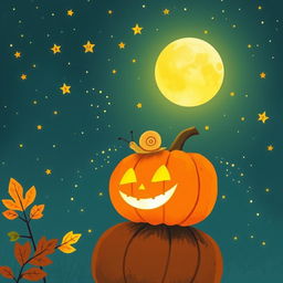 On an autumn night filled with twinkling stars, a yellow-shelled small snail is crawling on a brightly glowing jack-o'-lantern