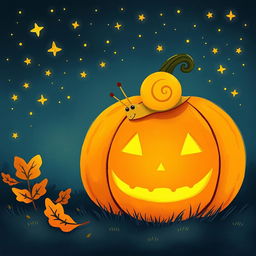On an autumn night filled with twinkling stars, a yellow-shelled small snail is crawling on a brightly glowing jack-o'-lantern