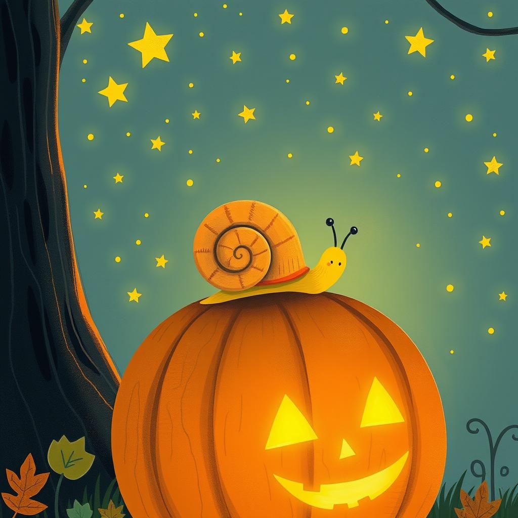 On an autumn night filled with twinkling stars, a yellow-shelled small snail is crawling on a brightly glowing jack-o'-lantern